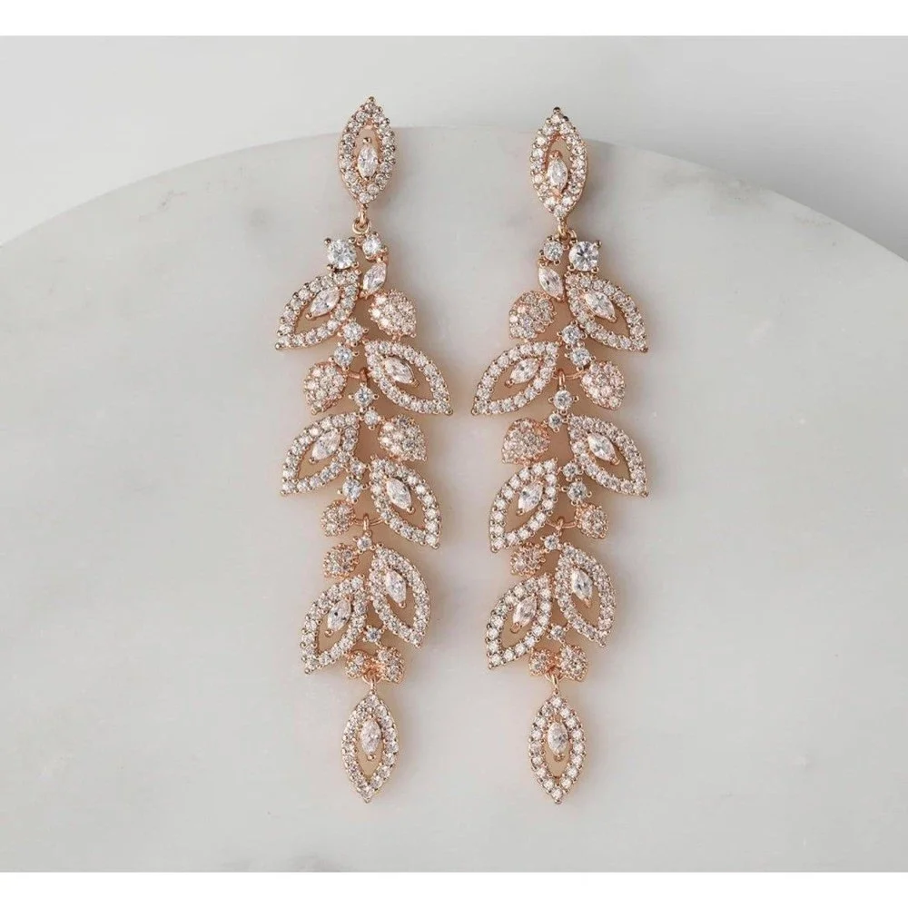 14K Gold Plated Leaflet Special Occasion Dangle Drop Earrings - Picture 4 of 10